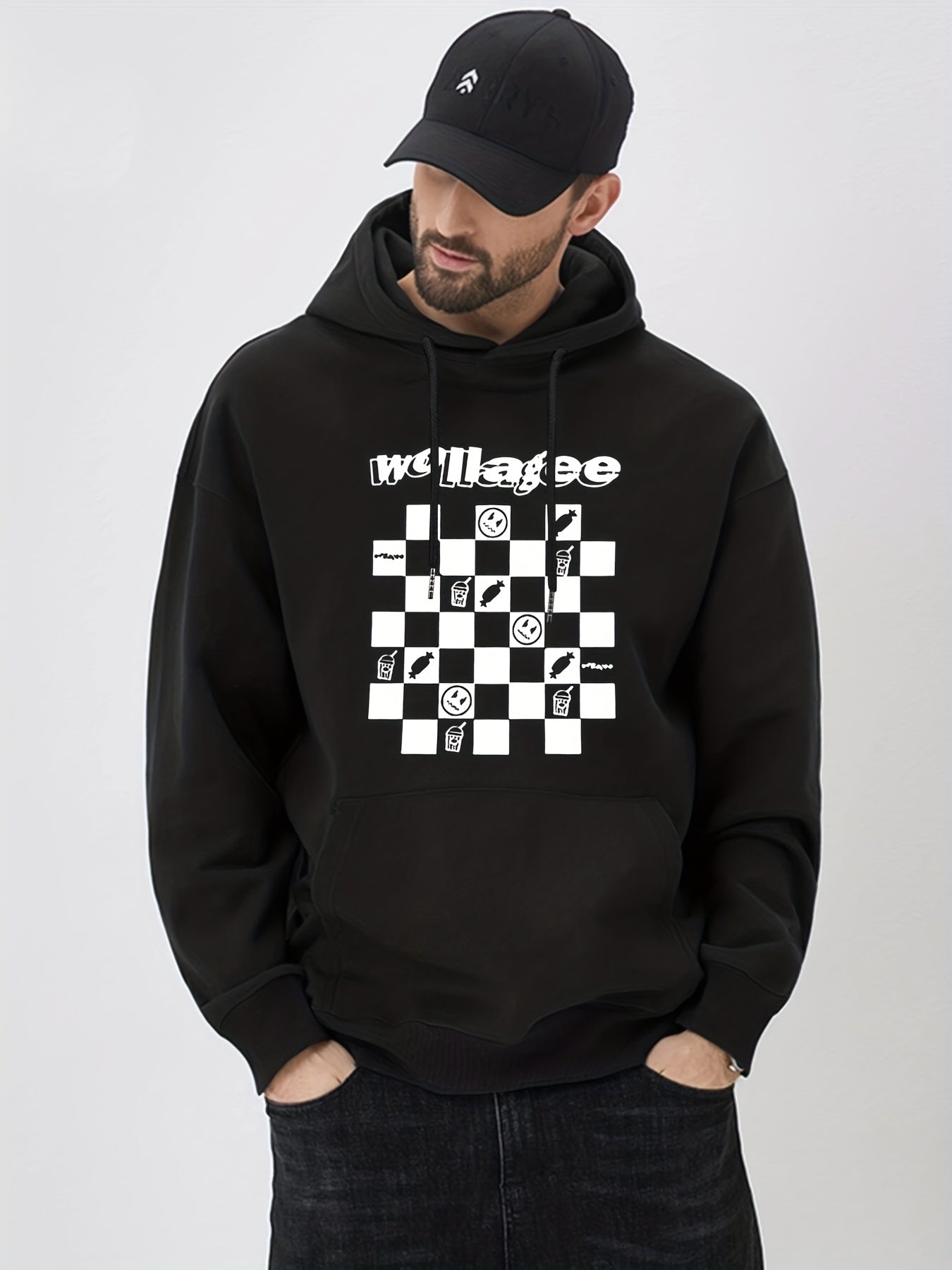 Checkerboard Print Hoodie Men's Casual Graphic Pullover Hoodie