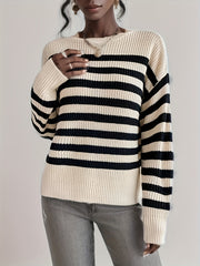 Stripe Pattern Knitted Pullover Sweater Crew Neck Long Sleeve for Fall & Winter
