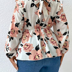 Floral Print Lantern Sleeve V Neck Ruffle Trim Bow Blouse