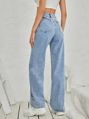 Heart Pattern High Waist Straight Jeans Slash Pockets Denim Pants