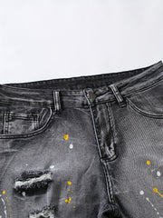 Paint Splatter Ripped Slim Fit Jeans Men's Casual High Stretch Denim Pants