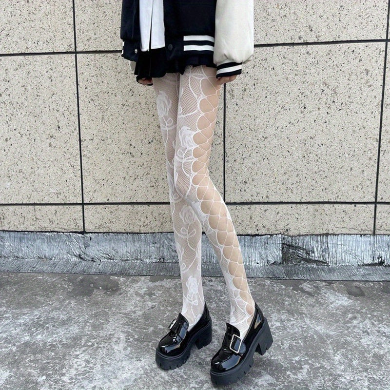 Floral Jacquard Fishnet Tights High Waist Mesh Pantyhose Stockings