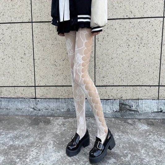 Floral Jacquard Fishnet Tights High Waist Mesh Pantyhose Stockings