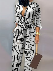Graffiti Print Long Sleeve Neck Button Jumpsuit