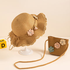 Girls Flowers Lace Trim Sun Straw Hat & Bag Set for Summer