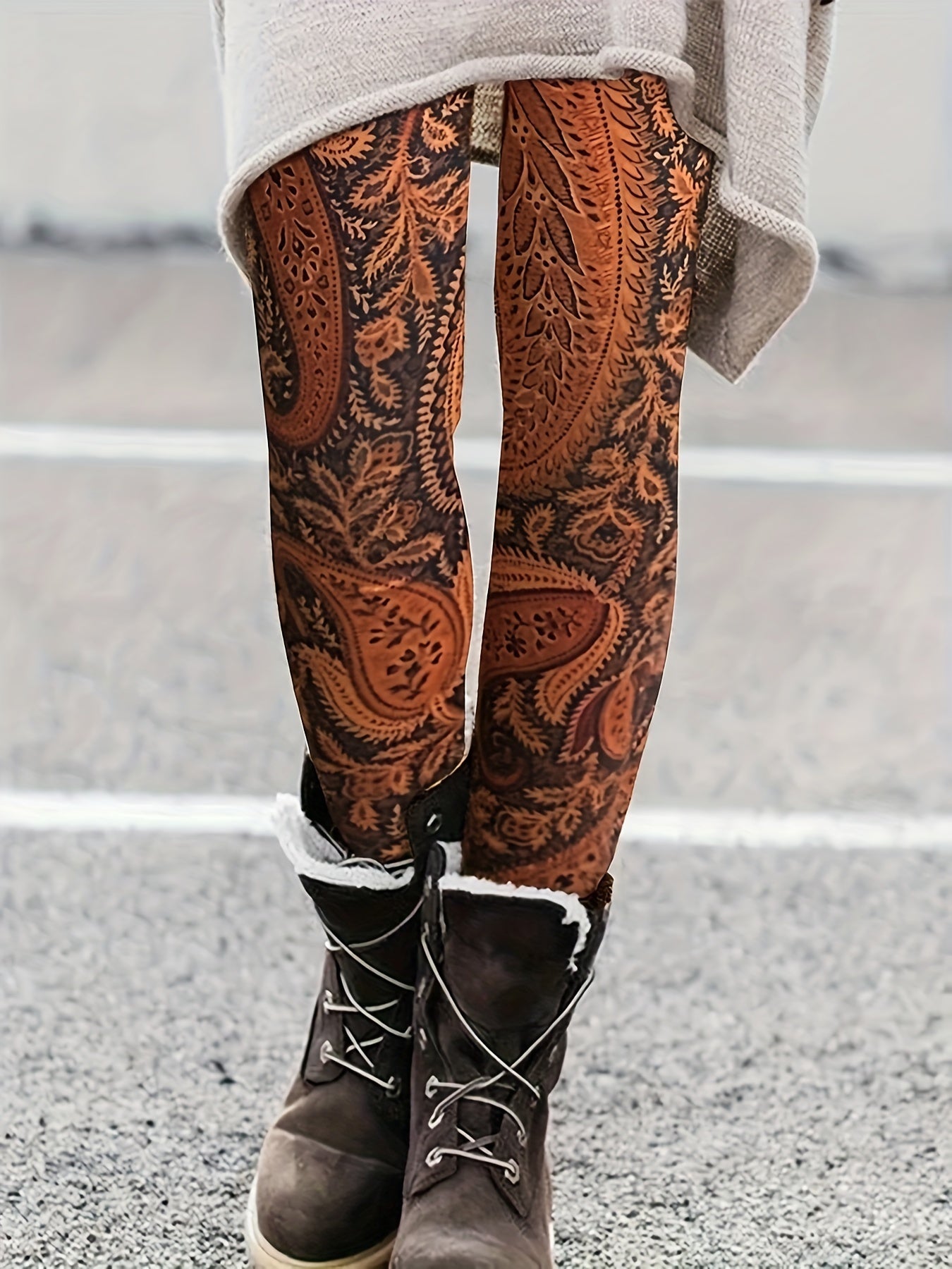 Boho Leggings Women's Plus Paisley Print High Stretch Skinny Leggings