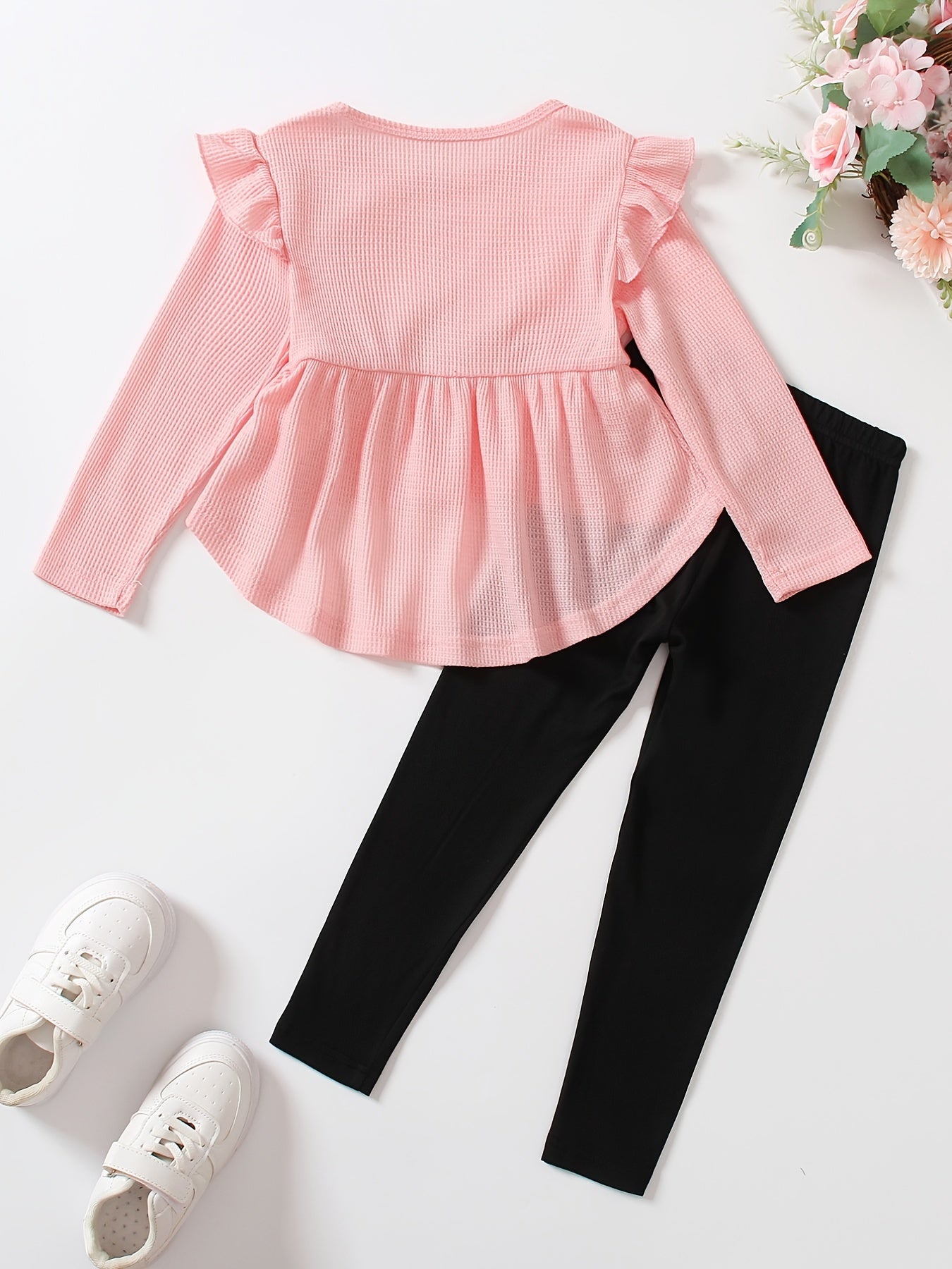 Girl's Ribbed Peplum Top & Leggings Set For Spring Fall