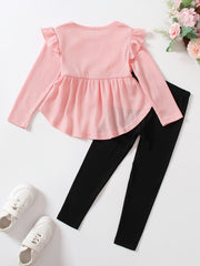 Girl's Ribbed Peplum Top & Leggings Set For Spring Fall