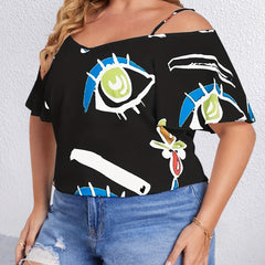 Abstract Painting Print Cold Shoulder Short Sleeve Blouse