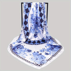 Peony Print Square Scarf Satin Shawl Silk Head Wrap Hair Accessory