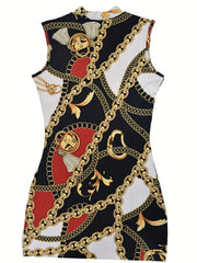Chain Print Tank Dress Crew Neck Sleeveless Bag Hip Dress