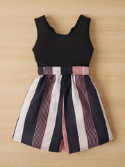 Girls Casual Sleeveless Jumpsuit Striped Bottom With Belt