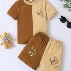 Boys Casual Bear Graphic T Shirt & Shorts Set for Summer