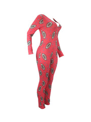 Rugby Print Lounge Jumpsuit Long Sleeve V Neck Buttons Jumpsuit