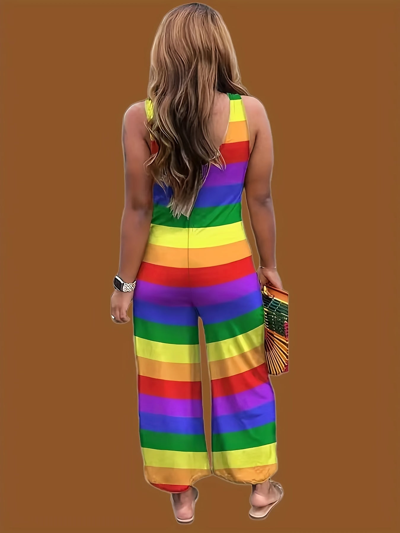 Stripe Print Sleeveless Jumpsuit with Pockets