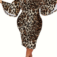 Leopard Print Bell Sleeve Round Neck Dress