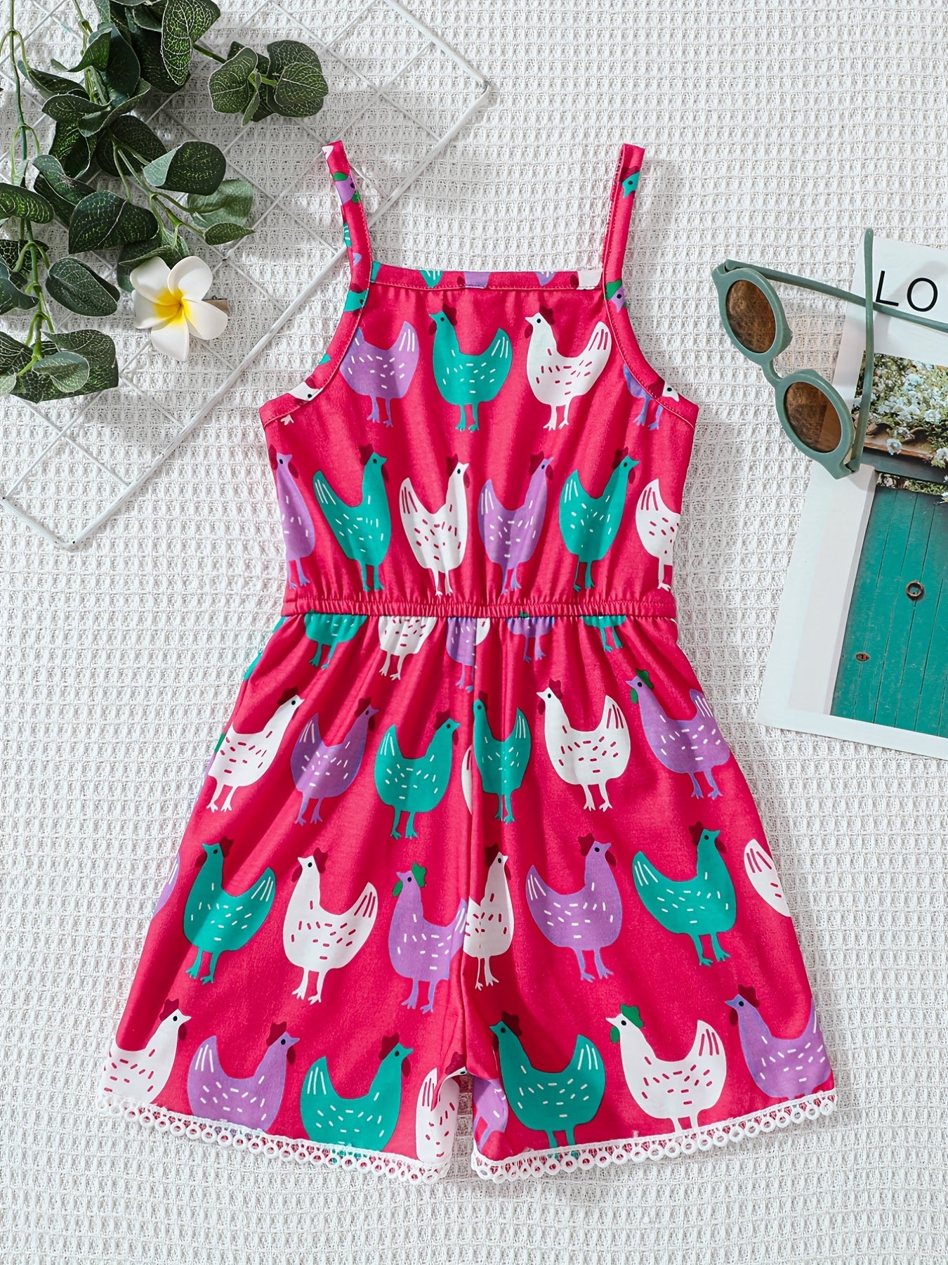 Girls' Chicken Farm Print Romper Jumpsuit