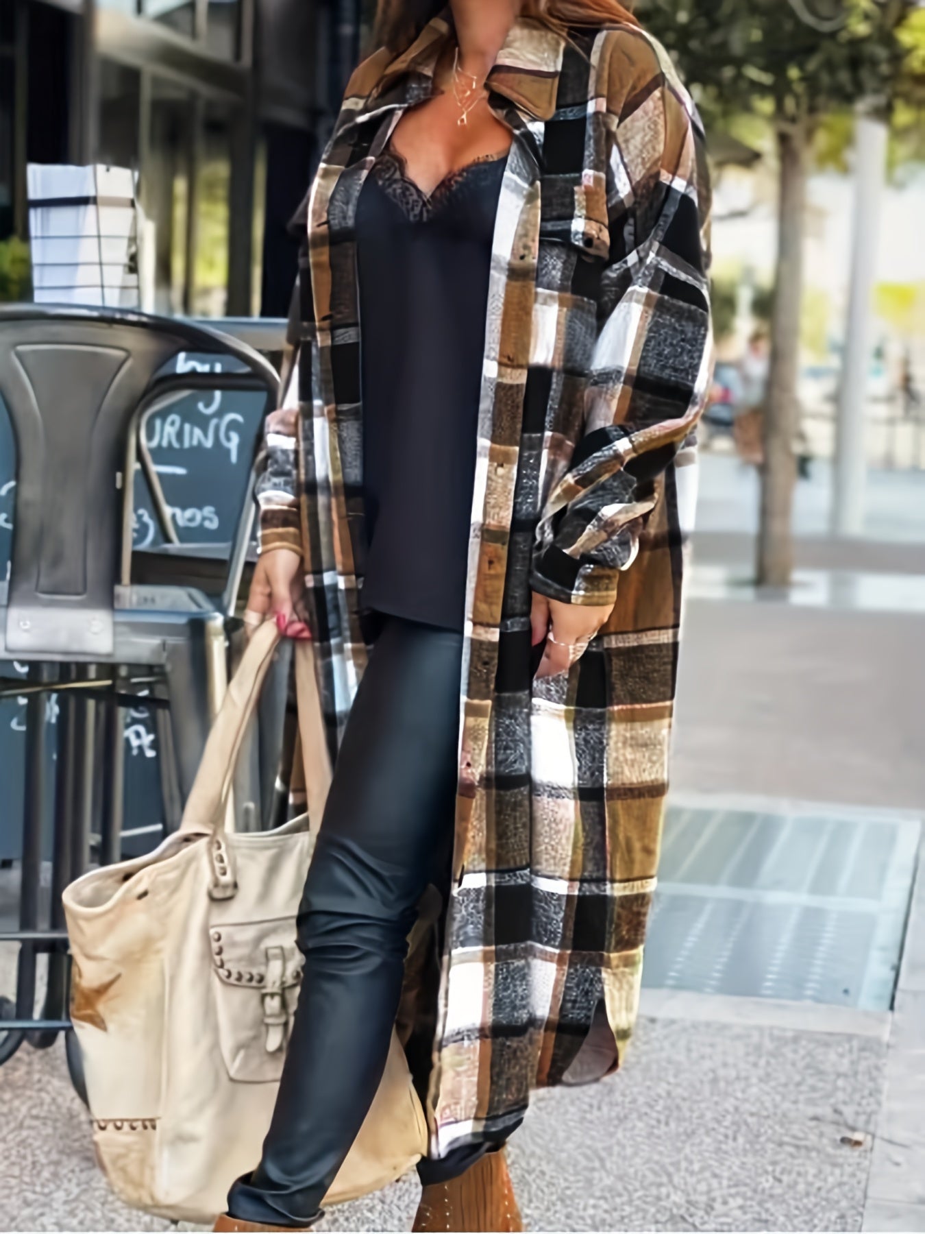 Plaid Print Long Length Shacket Jacket Casual Long Sleeve Collared