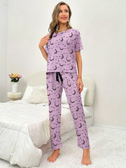 Moon Print Pajama Set Short Sleeve Top & Pants