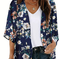 Floral Print V Neck Sheer Sleeves Cover Up Shirt