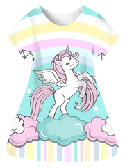 Girl's Rainbow & Flying Pony Dress Short Sleeve Crew Neck Princess Dress