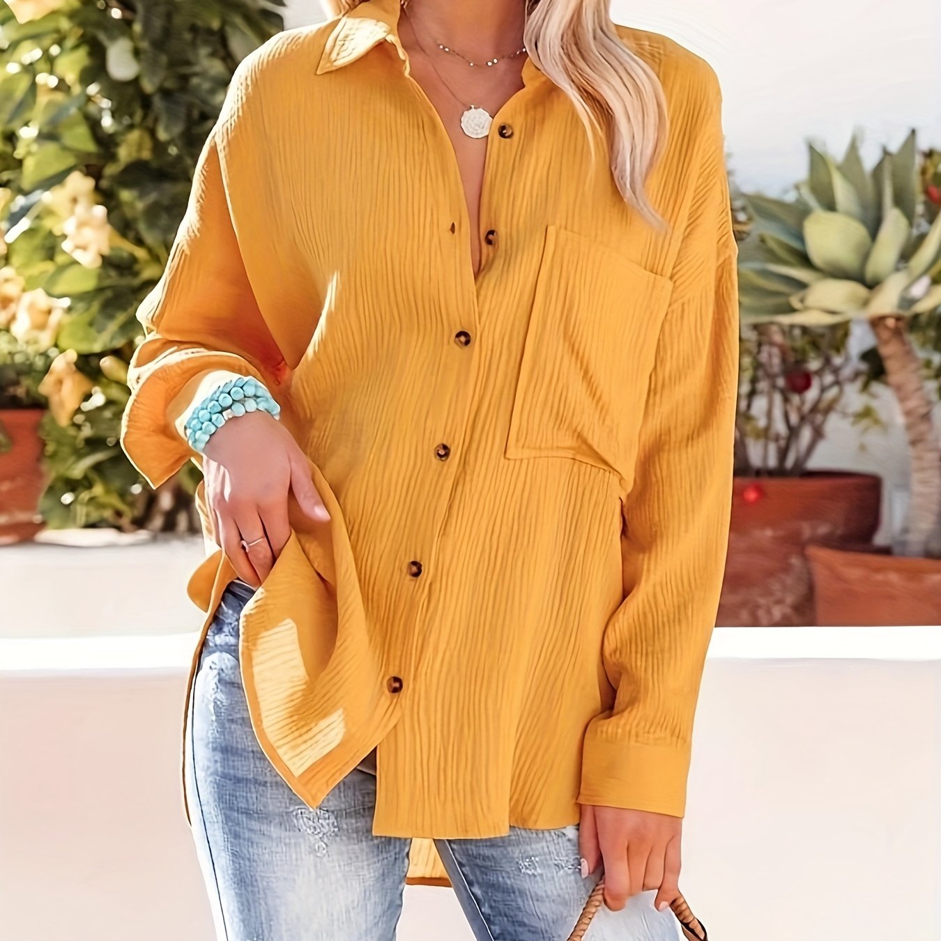 Solid Textured Drop Shoulder Long Sleeve Button Up Blouse