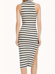 Stripe Print Turtleneck Slit Dress - Sleeveless Dress for Spring & Summer