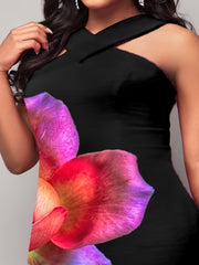 Floral Print Cross Halter Neck Dress