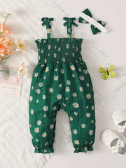 Baby Girls Off Shoulder Sleeveless Bib Pants Jumpsuit Headband Floral Printed