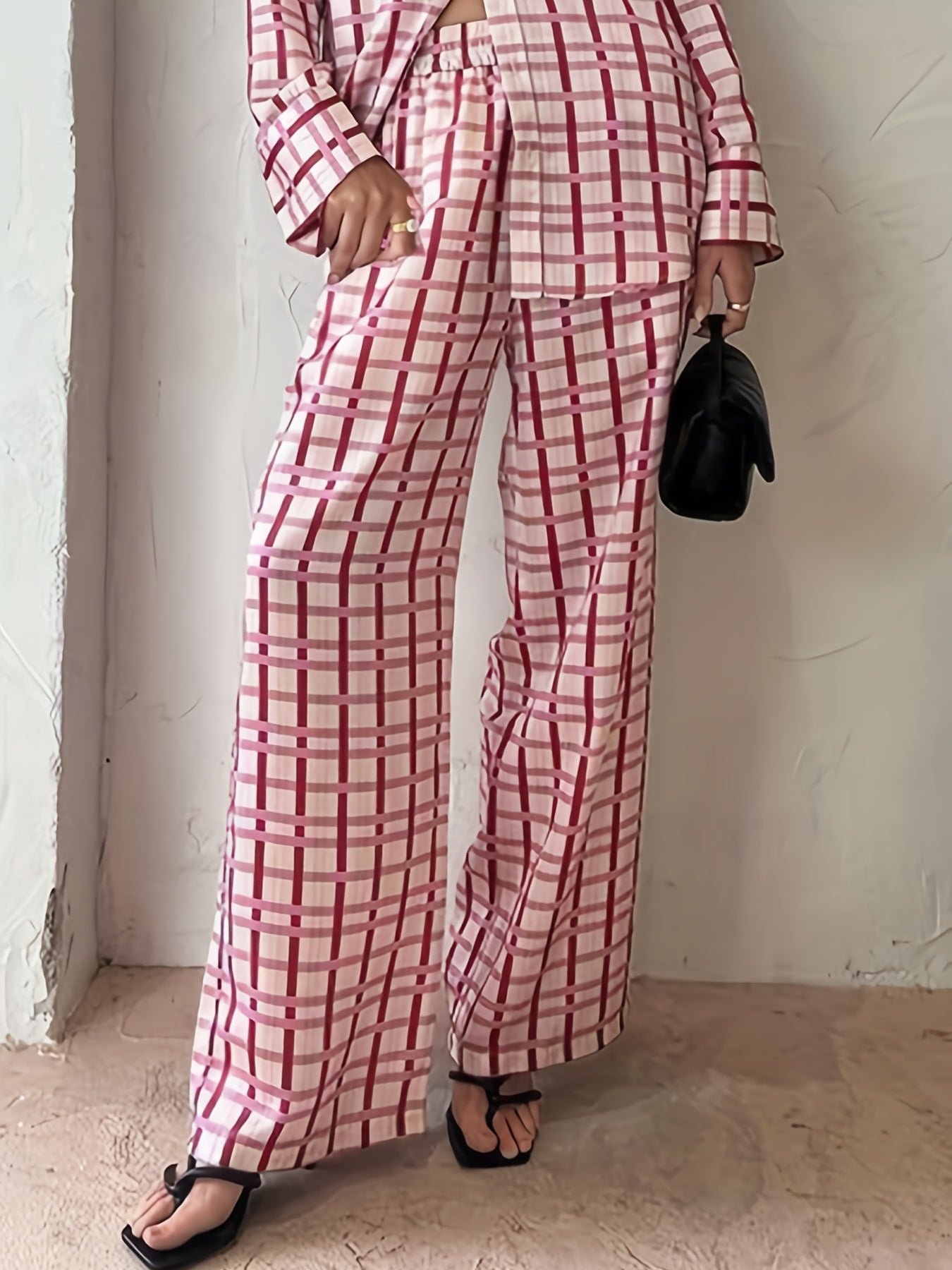 Women's Plus Plaid Button Up Shirt & Wide Leg Pants Set