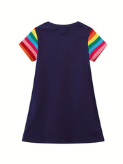 Toddler Girls Rainbow Stripes Dress with Cartoon Space Planet Embroidery