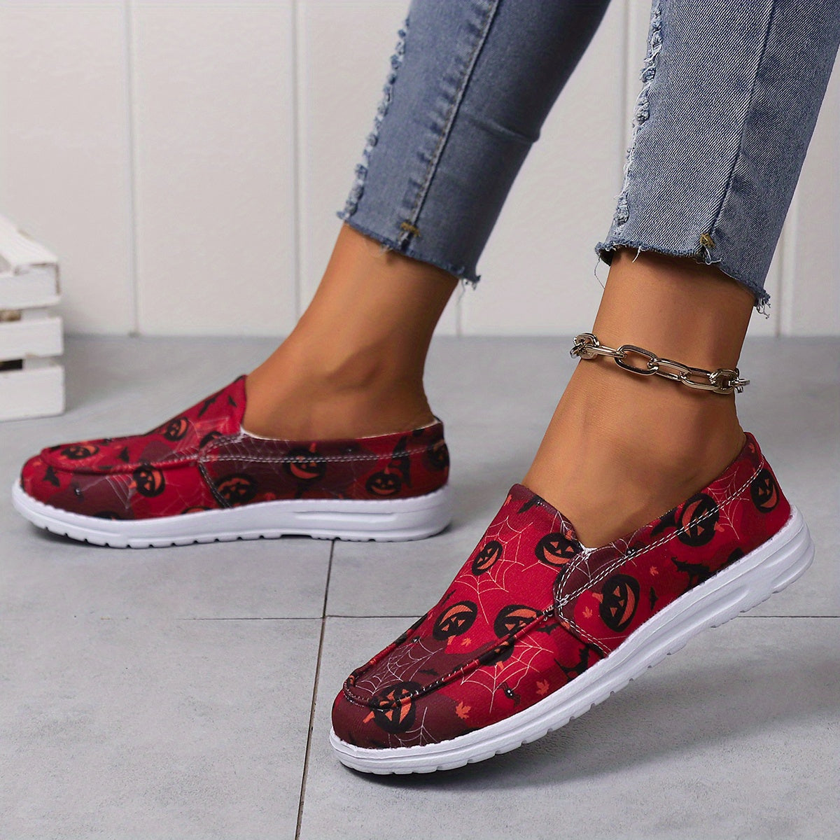 Halloween Pumpkin & Spider Net Loafers Shoes
