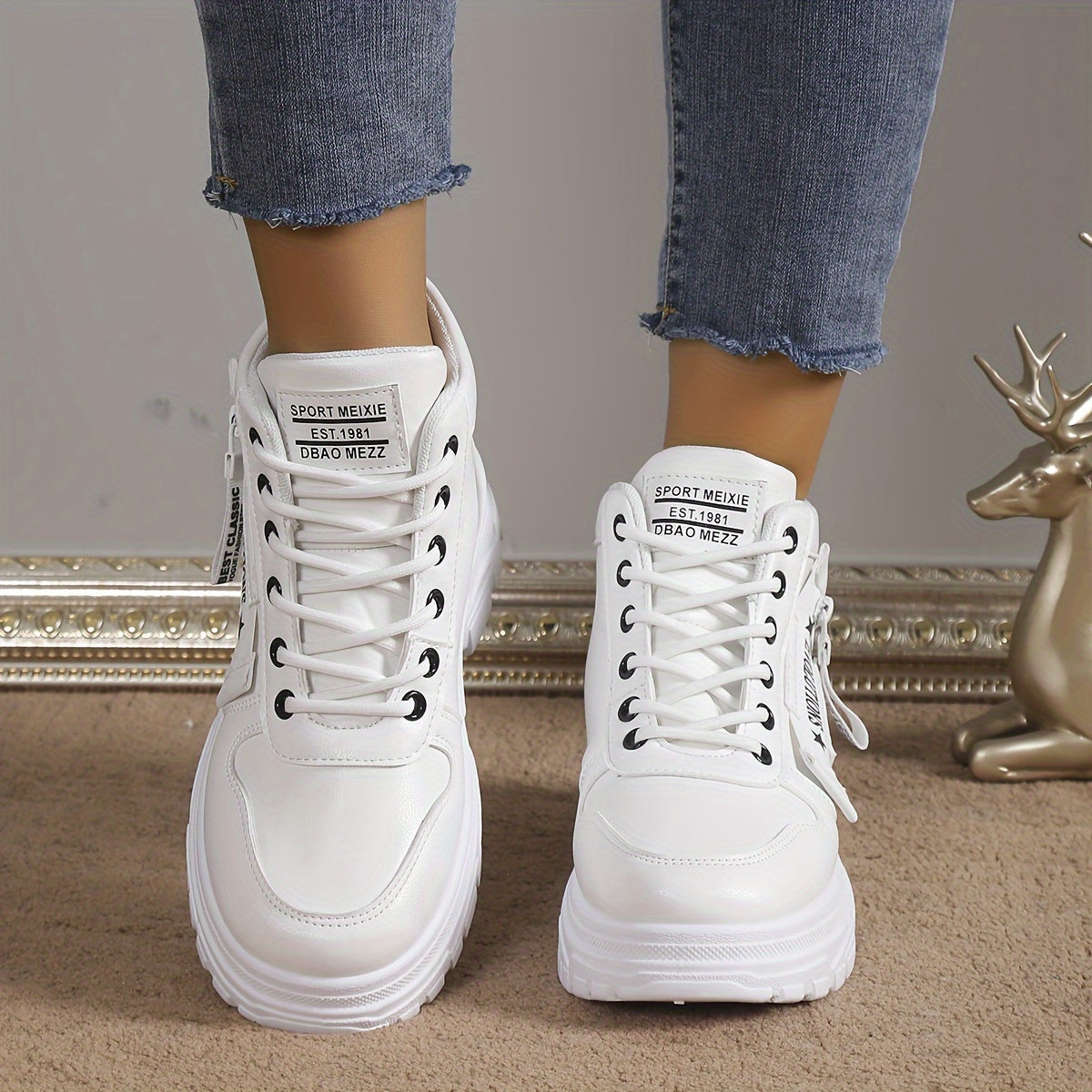 Women's Letter Graphic Platform Sneakers Side Zipper High Casual Sports Shoes