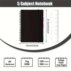 A5 Spiral Notebooks with 5 Colored Dividers - 240 Pages