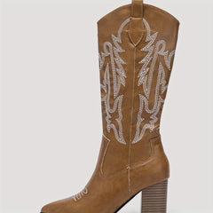 Women's Embroidered Cowboy Boots Block Heel V Cut Knee High Western Boots