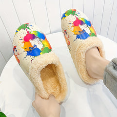 Colorful Print Thermal Sandals Plush Fuzzy Slippers
