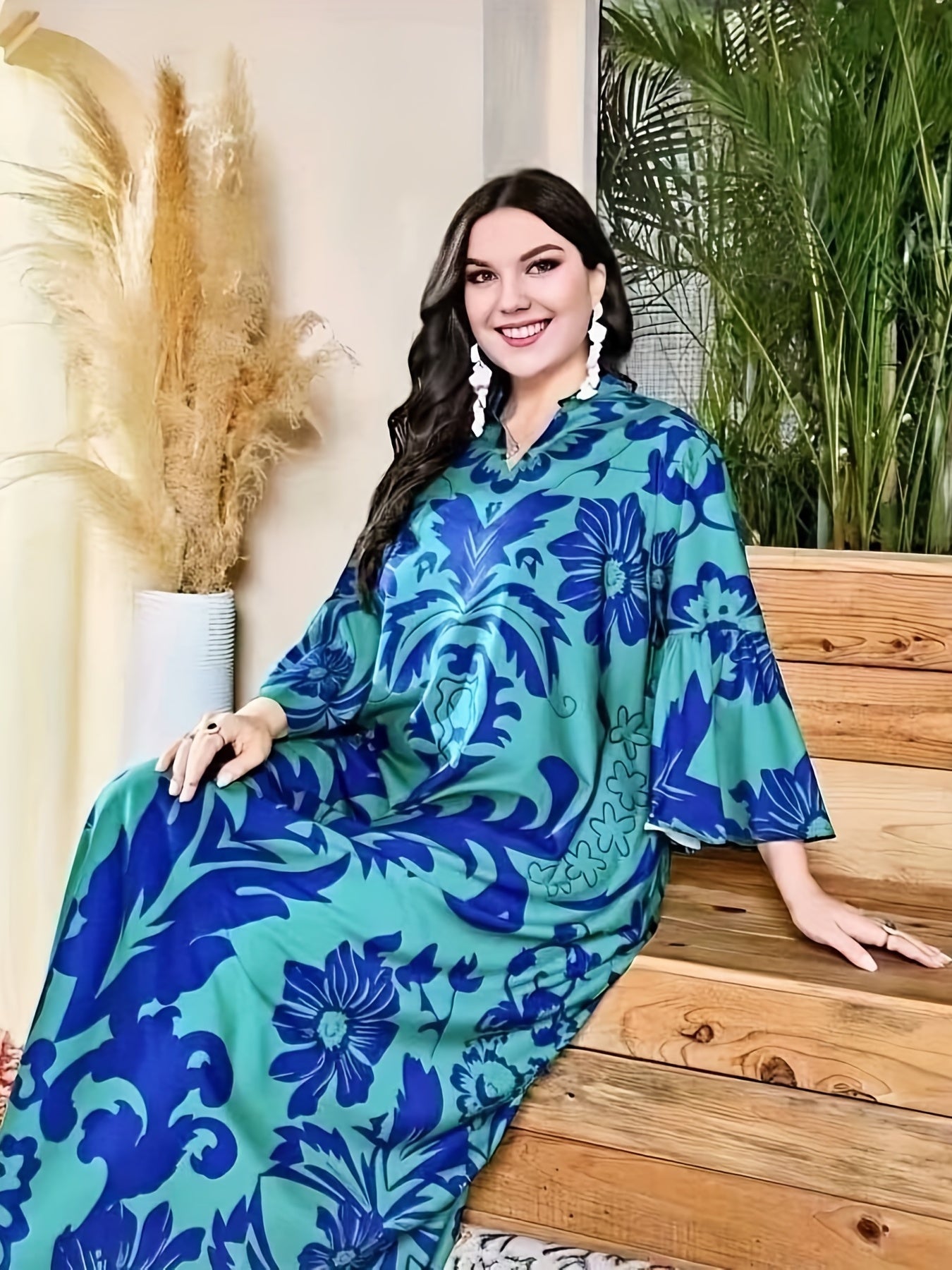 Modest Abaya Dress Women's Plus Floral Ruffled Maxi Dress