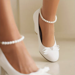 Bowknot Block Heel Pumps with Faux Pearl Chain