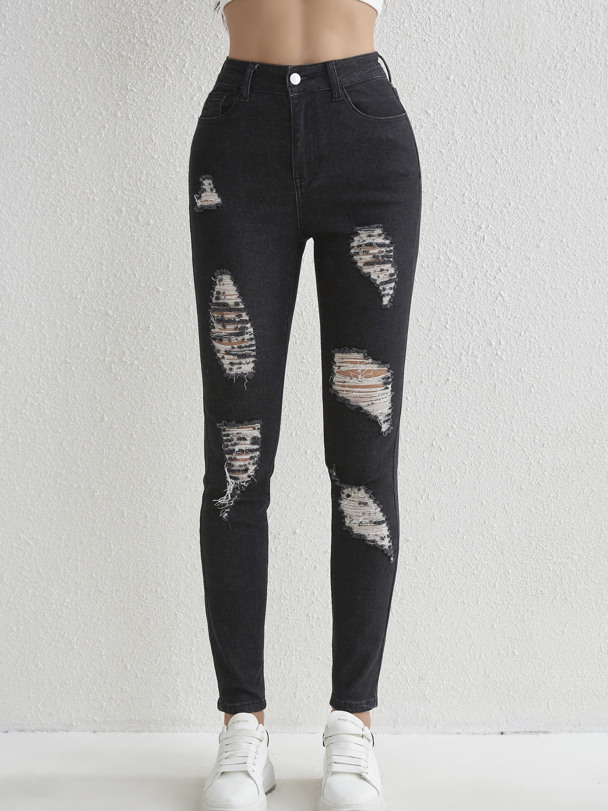 Ripped Holes Skinny Jeans Slim Fit Slash Pockets High Stretch Casual Denim Pants