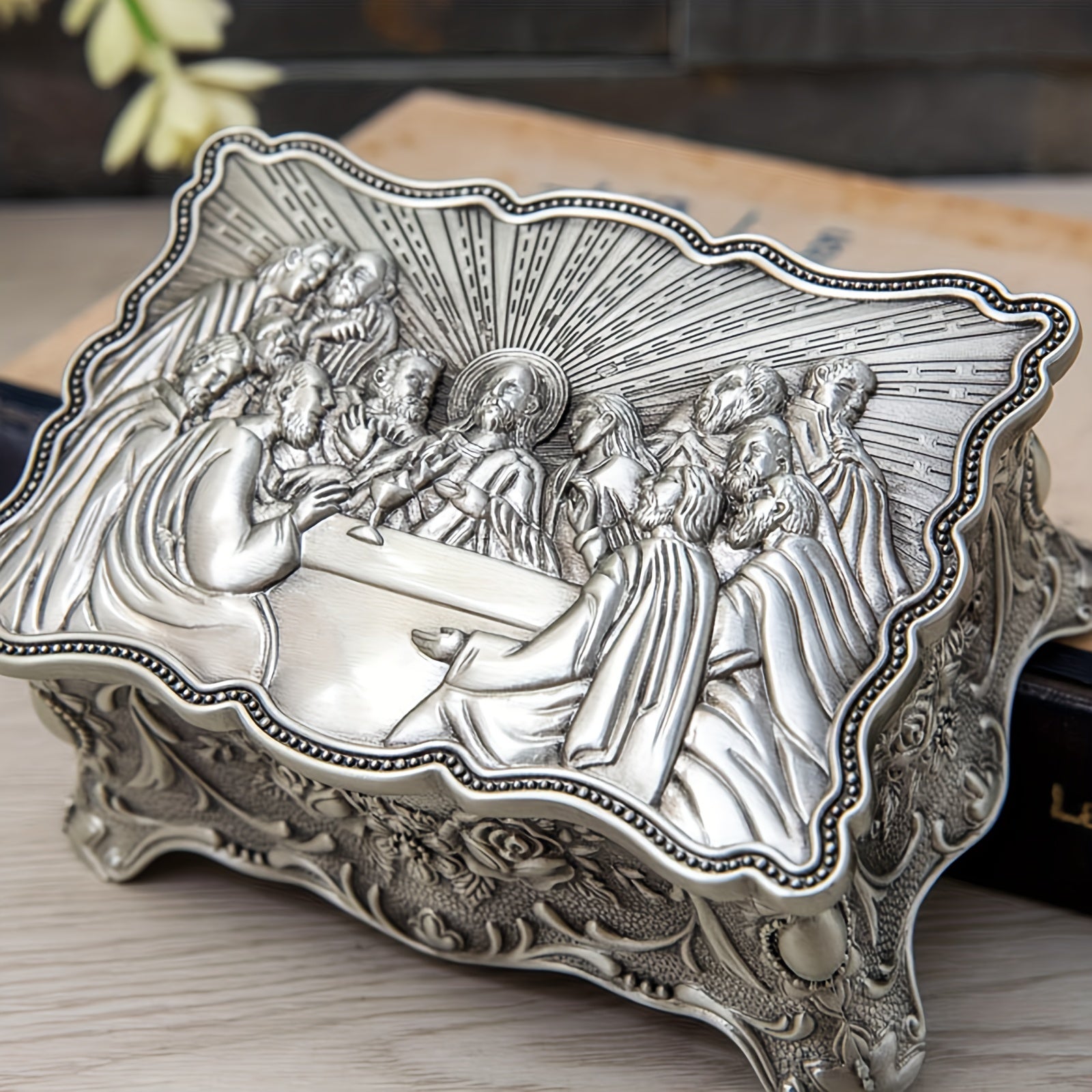 Vintage Jewelry Box Antique Silvery Trinket Box Rectangular Treasure Chest