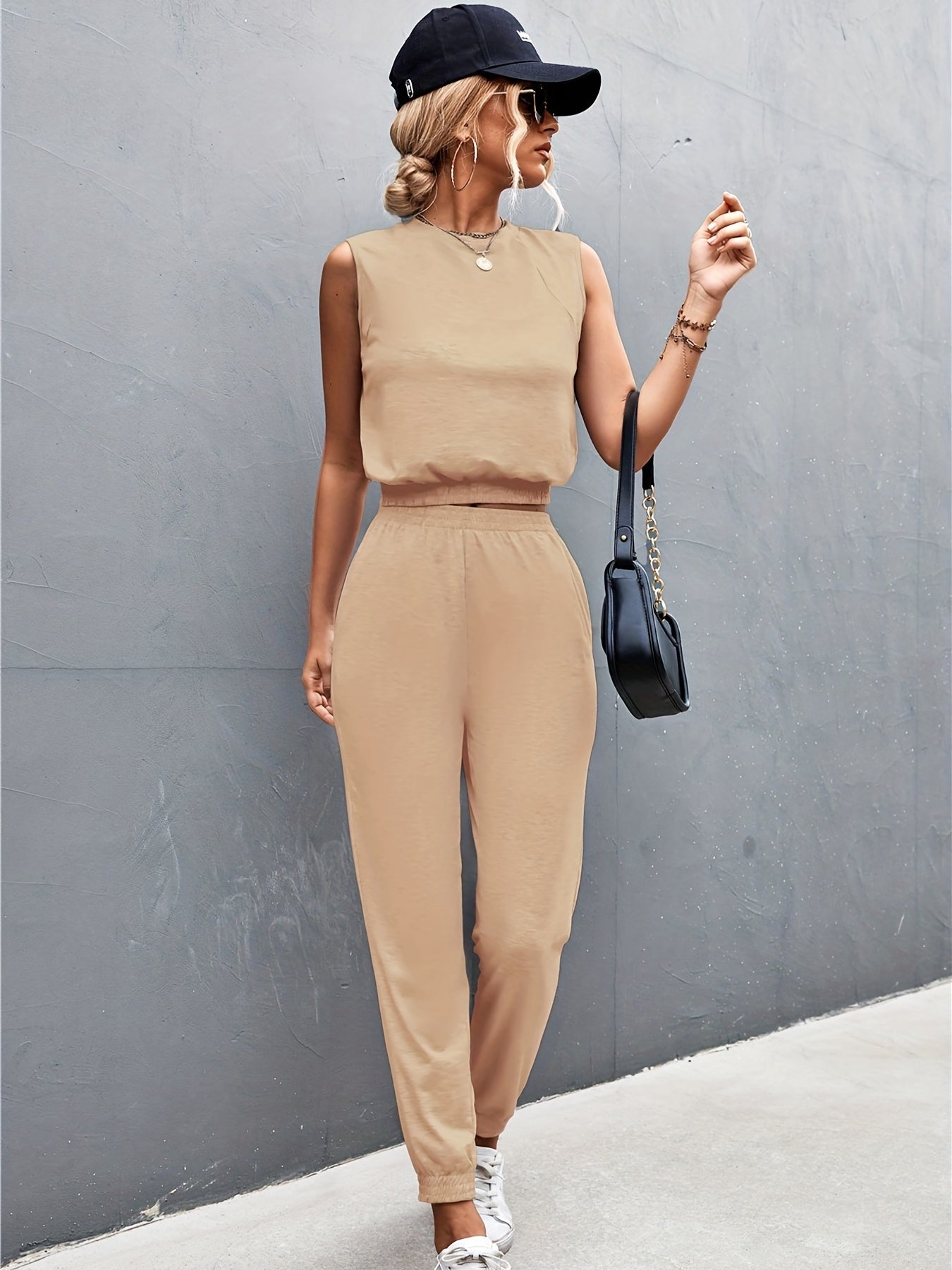 Solid Two Piece Set Crew Neck Tank Top & Jogger Pants Outfits