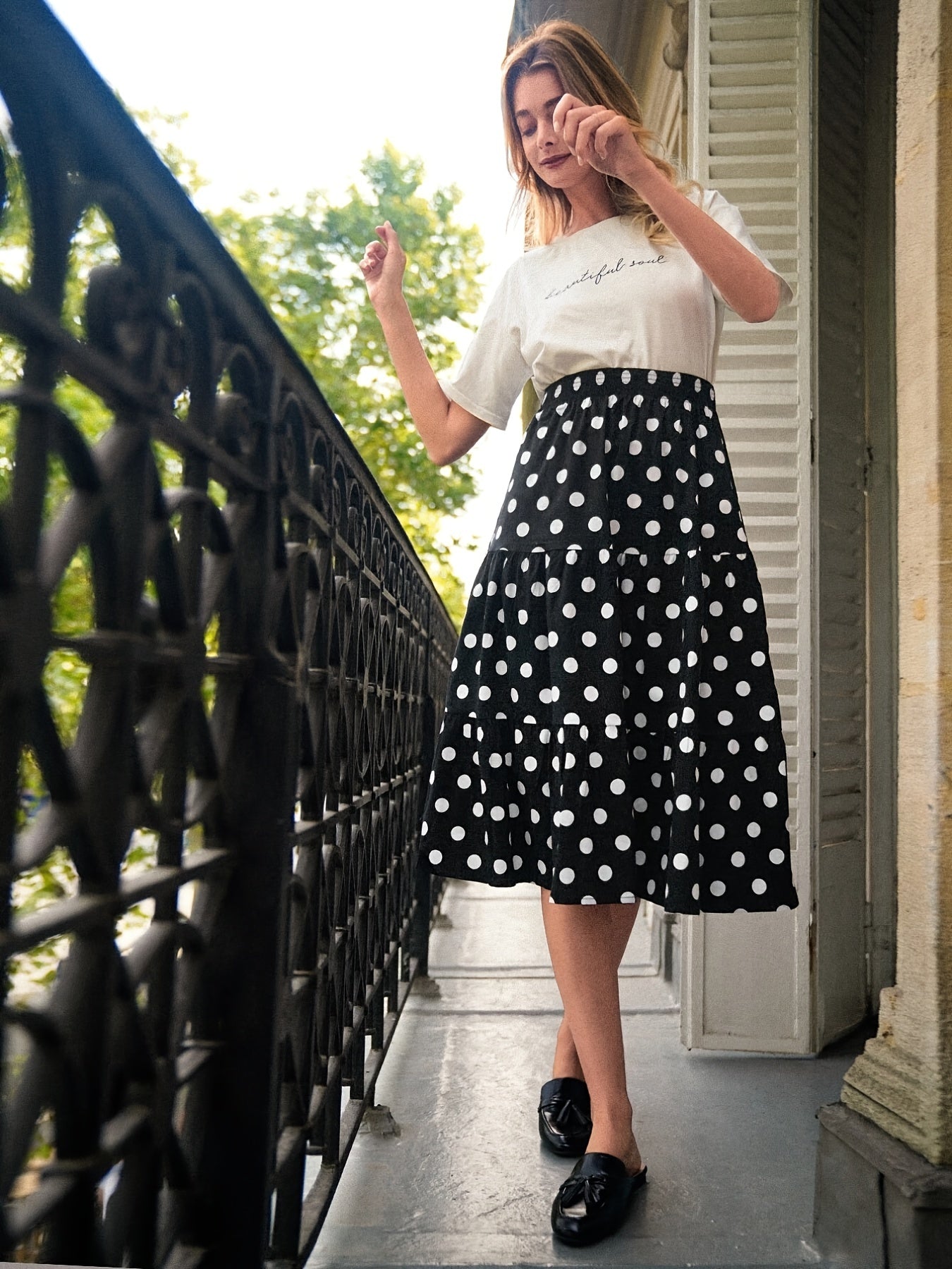 Women's Polka Dot Tiered Skirt High Waist Layered Casual Skirt
