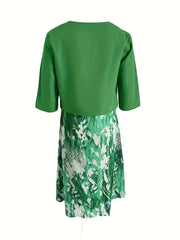 Casual 2pc Set: Solid Open Front Cardigan & Floral V Neck Dress