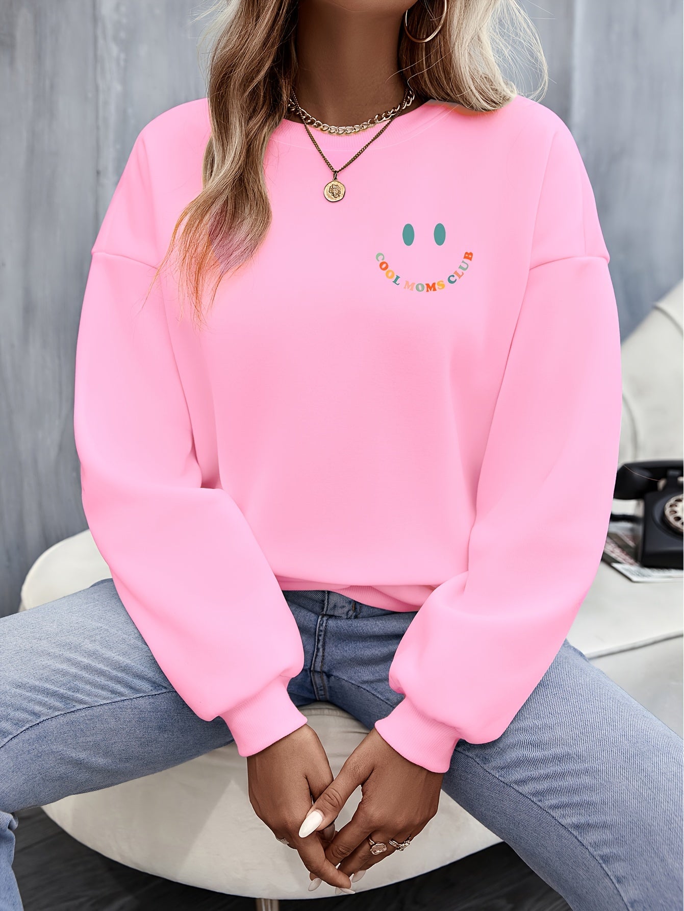 Letter & Smile Graphic Print Pullover Sweatshirt Casual Long Sleeve