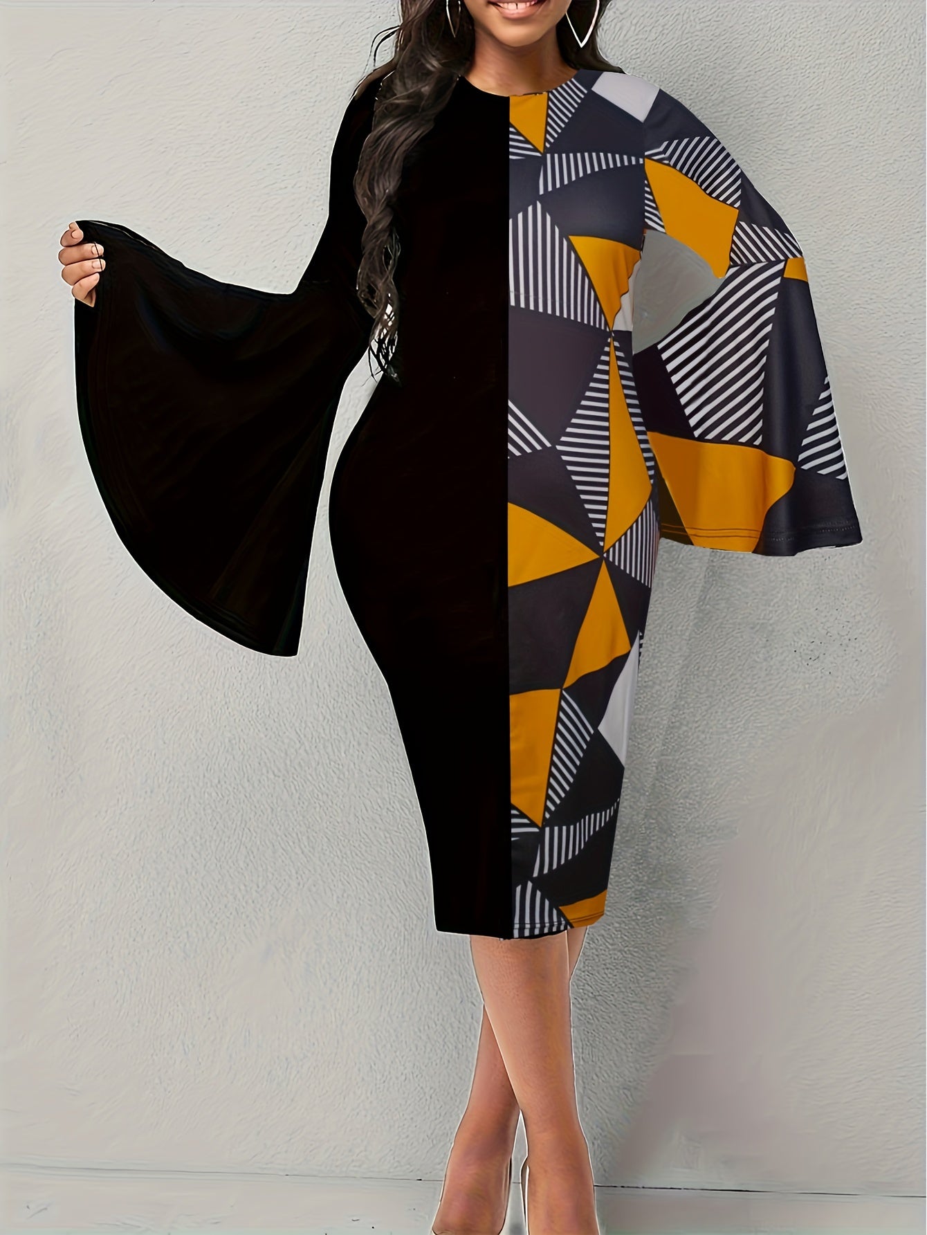 Colorblock Geo Print Bell Sleeve Round Neck Bodycon Dress