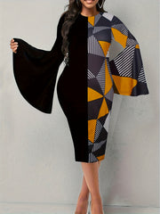 Colorblock Geo Print Bell Sleeve Round Neck Bodycon Dress