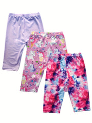 3pcs Girls' Casual Shorts Leggings Unicorn Starry Sky Bike Dance Shorts