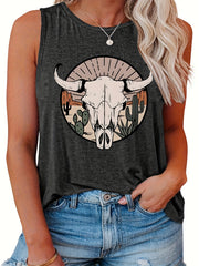 Women's Tank Top Desert & Cow Print Round Neck