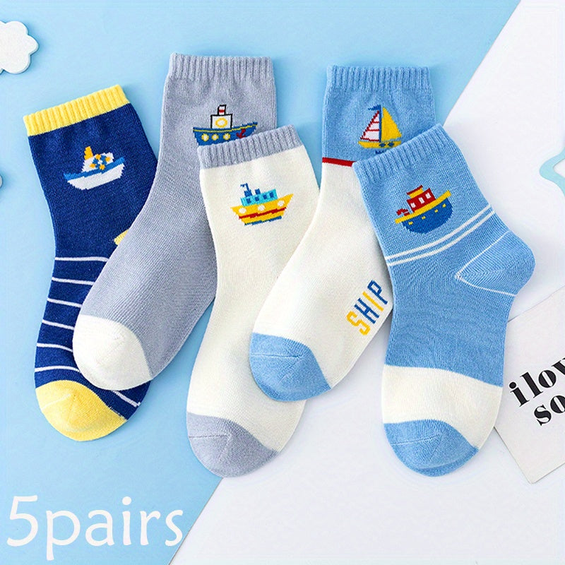 5 Pairs Kids Warm Cartoon Ships Pattern Socks
