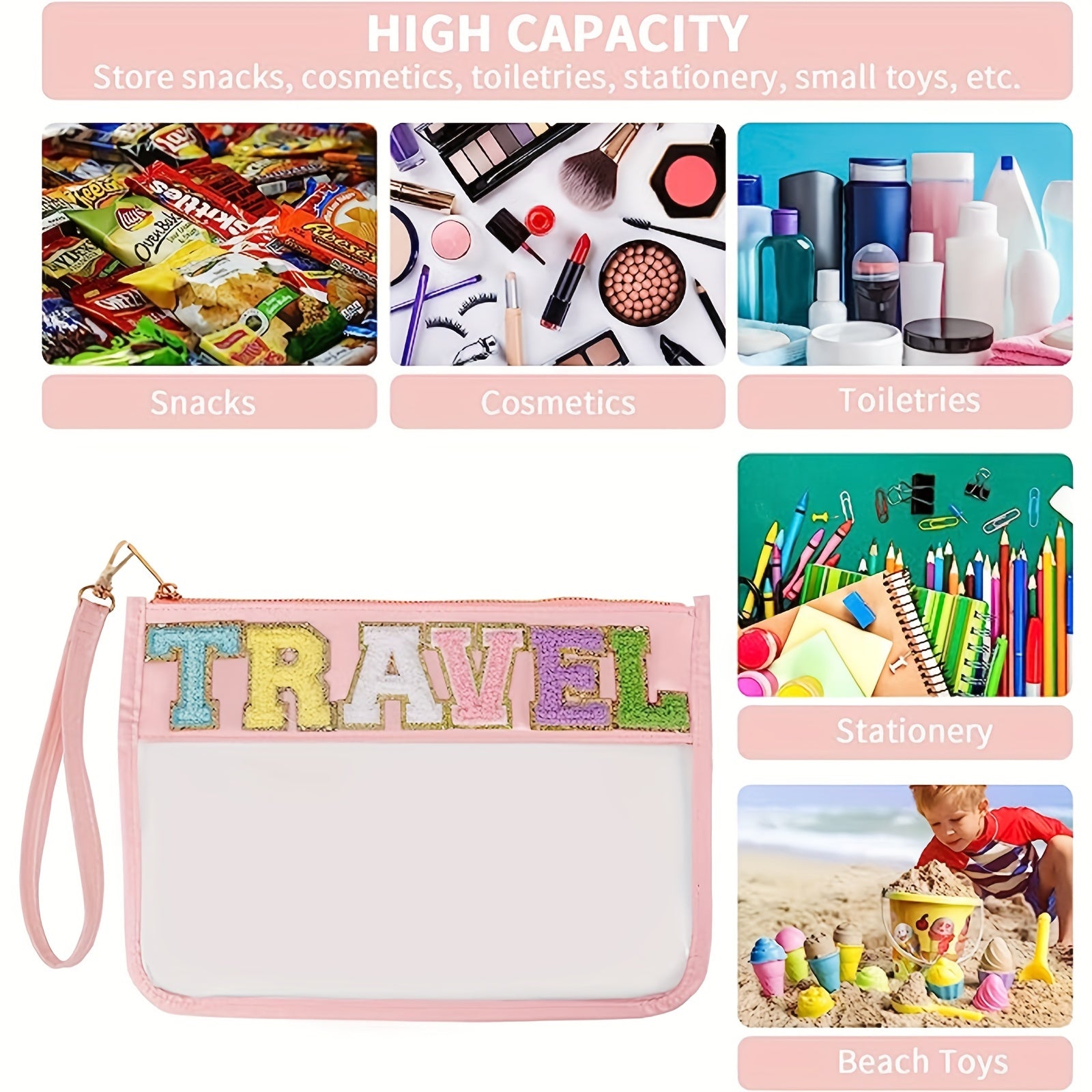 Monogram PVC & PU Clear Zipper Pouch Wristlet Glitter Makeup Beach Pouch